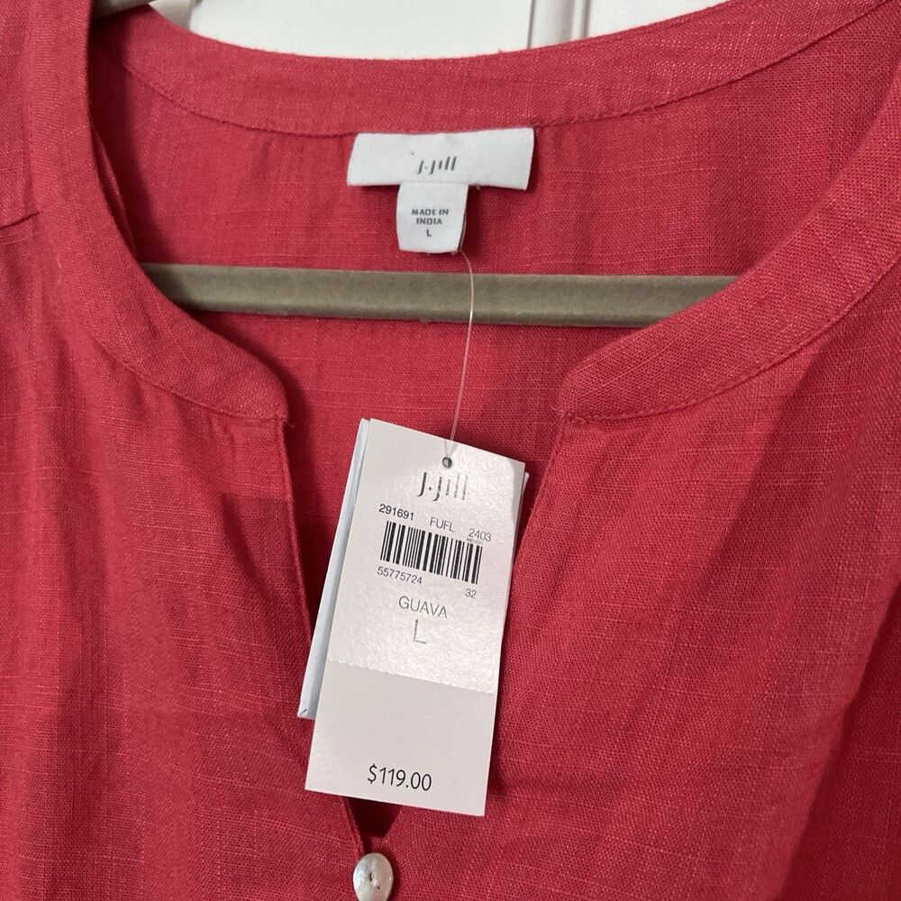 J Jill Button Up Dress Large Linen Blend Midi Guava Pink Cottage Core Coastal - Picture 2 of 8